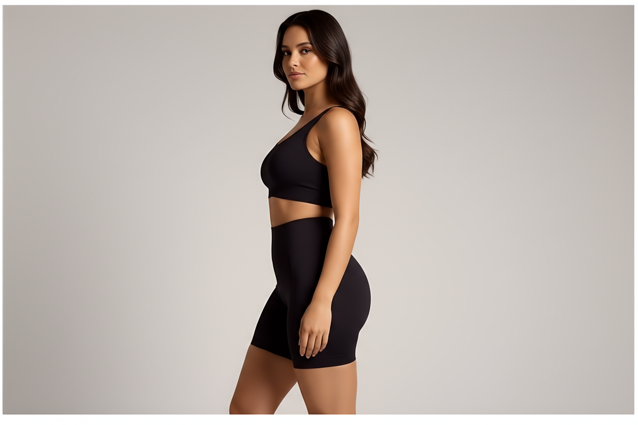 LiftLux butt-lifting shapewear worn under dress for invisible shaping
