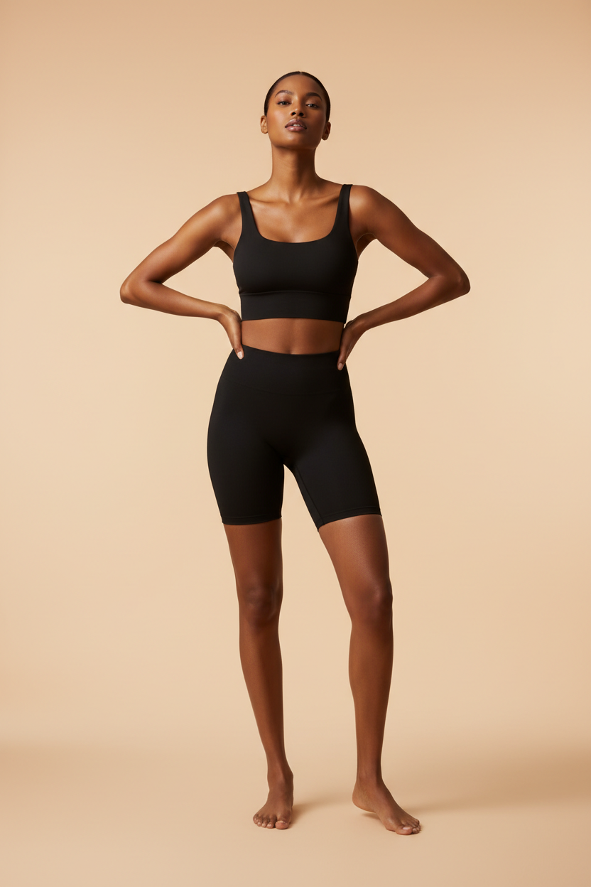 Minimal studio image of a confident woman wearing black LiftLux sculpting shorts, standing naturally against a soft beige background. Clean lighting, elegant posture, premium shapewear aesthetic. Modern, minimal, and luxurious ecommerce style suitable for a newsletter signup section.
