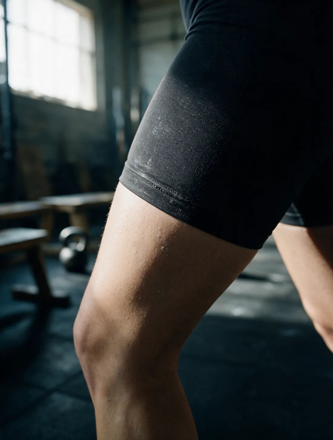 Close detail of the short's hem sitting flat at the inner thigh, a fine silicone grip band along the inside edge.