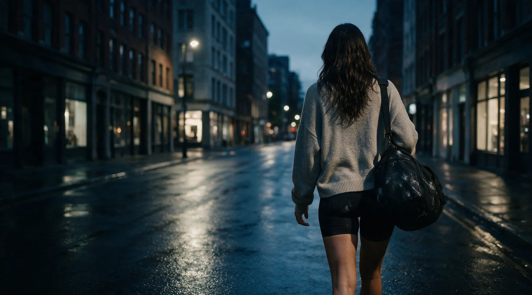 A woman walking away down a wet city street at dusk, still in the same training shorts with a knit pulled on over the top and a gym bag over one shoulder.